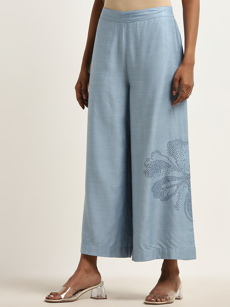 Zuba Dusty Blue High-Rise Printed Cotton Palazzos