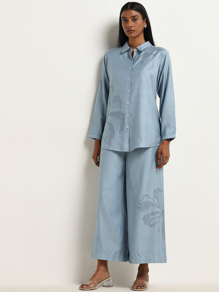 Zuba Dusty Blue High-Rise Printed Cotton Palazzos