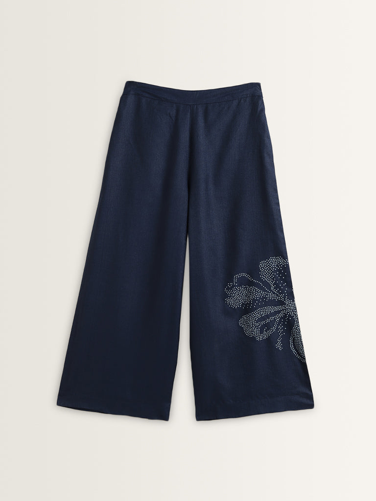 Zuba Indigo Flower Design High-Rise Cotton Palazzos