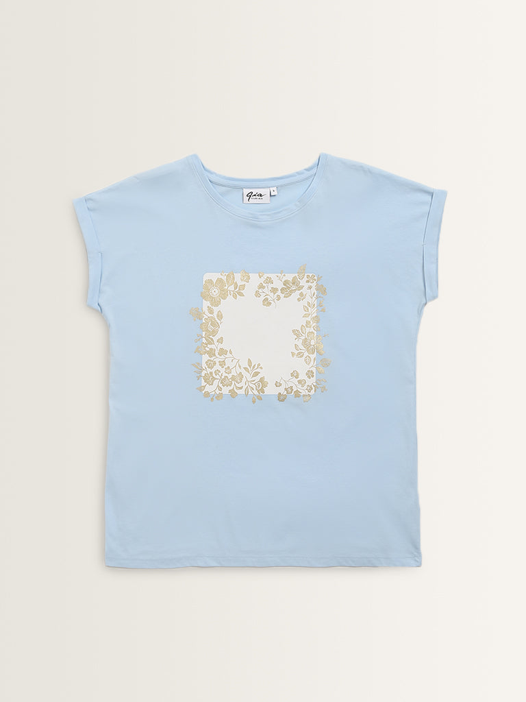 Gia Light Blue Floral Printed Cotton T-Shirt