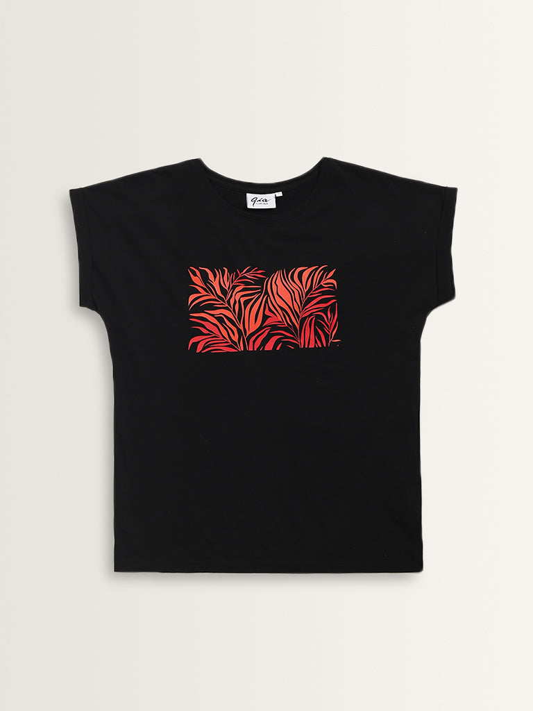 Gia Black Abstract Printed Cotton T-Shirt