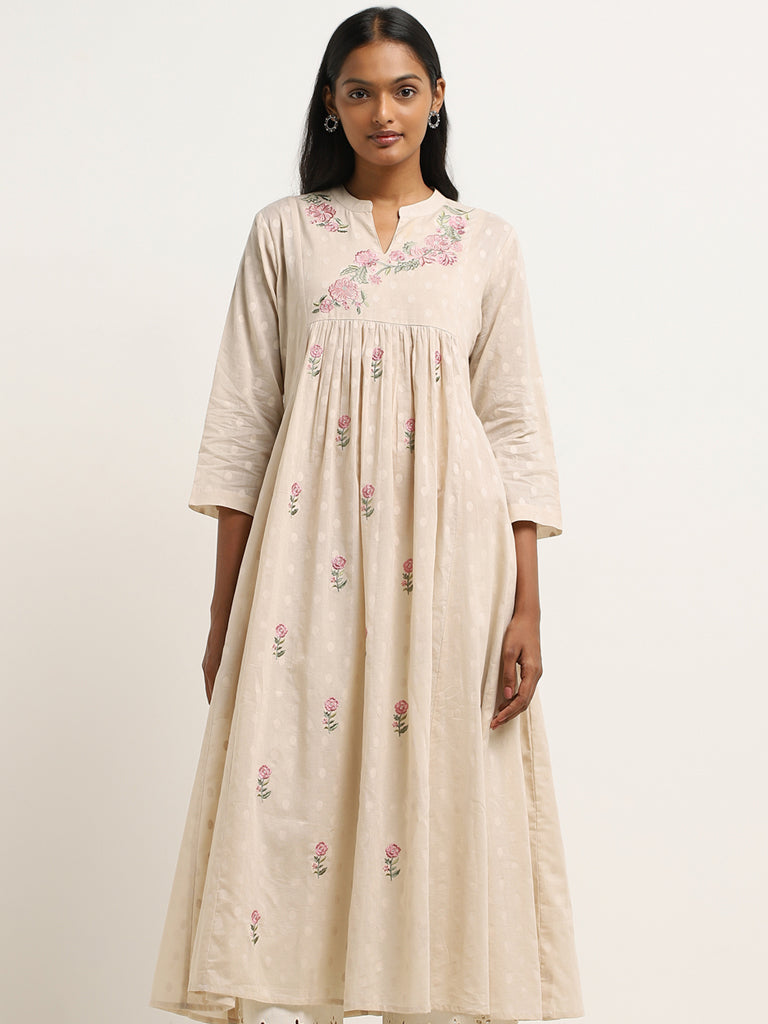 Utsa Beige Floral Embroidered A-Line Cotton Kurta