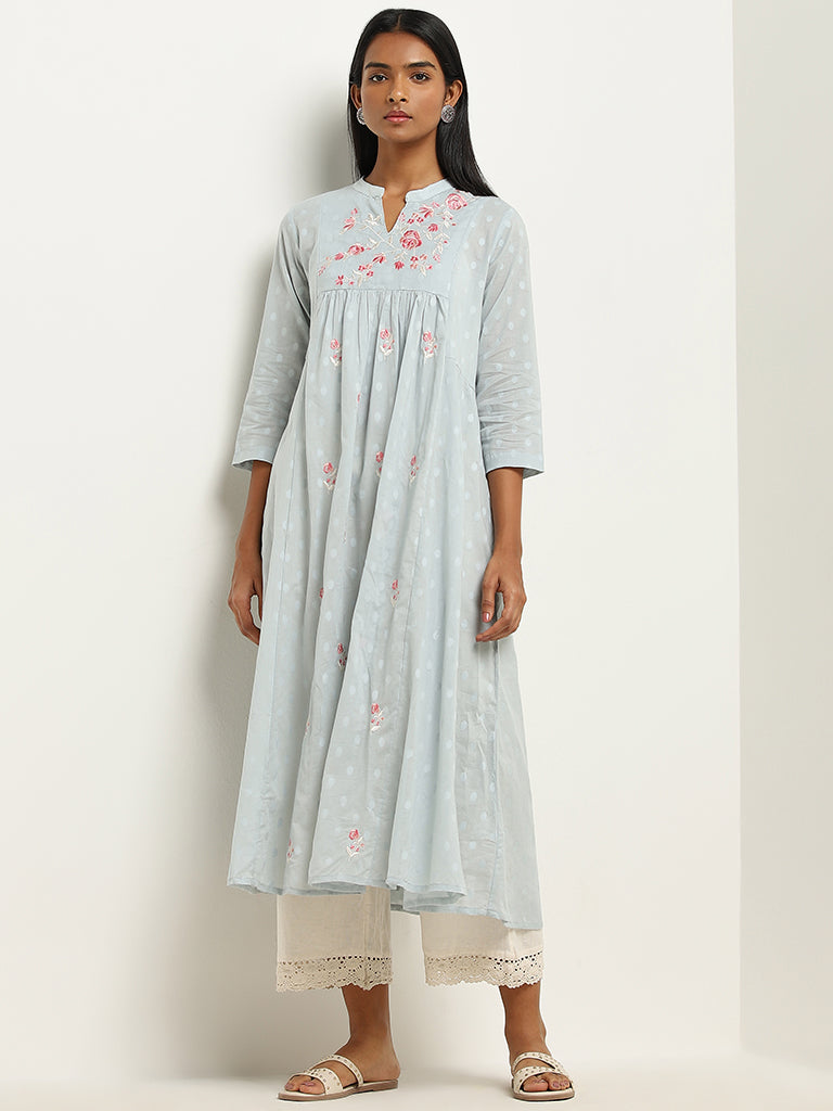 Utsa Light Blue Floral Embroidered A-Line Cotton Kurta