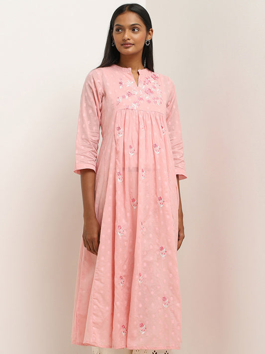 Utsa Pink Floral Embroidered Fit-and-Flare Cotton Kurta