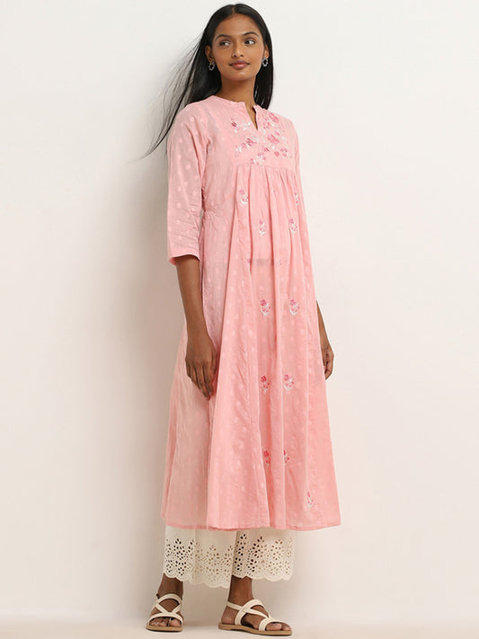 Utsa Pink Floral Embroidered Fit-and-Flare Cotton Kurta