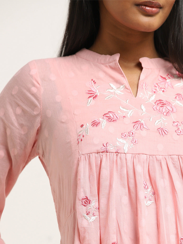 Utsa Pink Floral Embroidered Fit-and-Flare Cotton Kurta