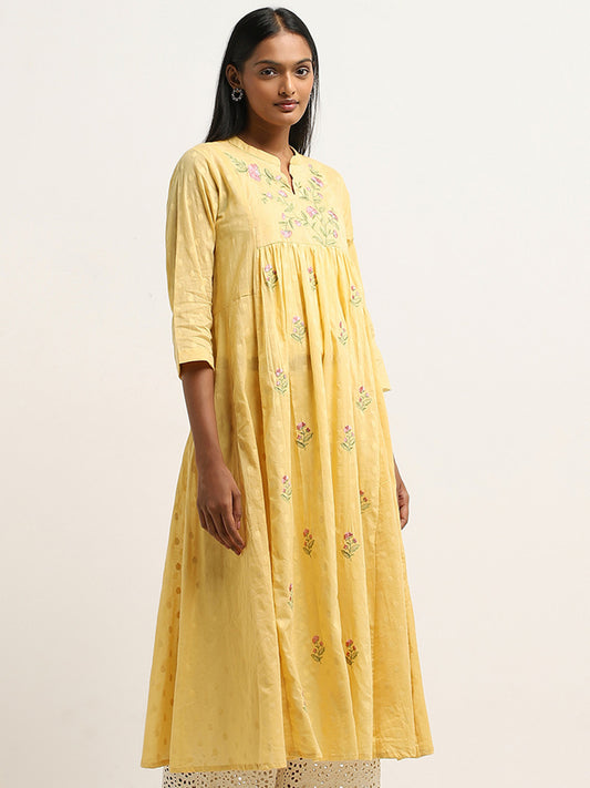 Utsa Yellow Floral Embroidered Fit-and-Flare Cotton Kurta