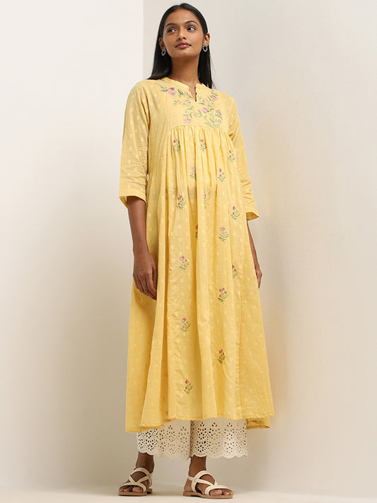 Utsa Yellow Floral Embroidered Fit-and-Flare Cotton Kurta