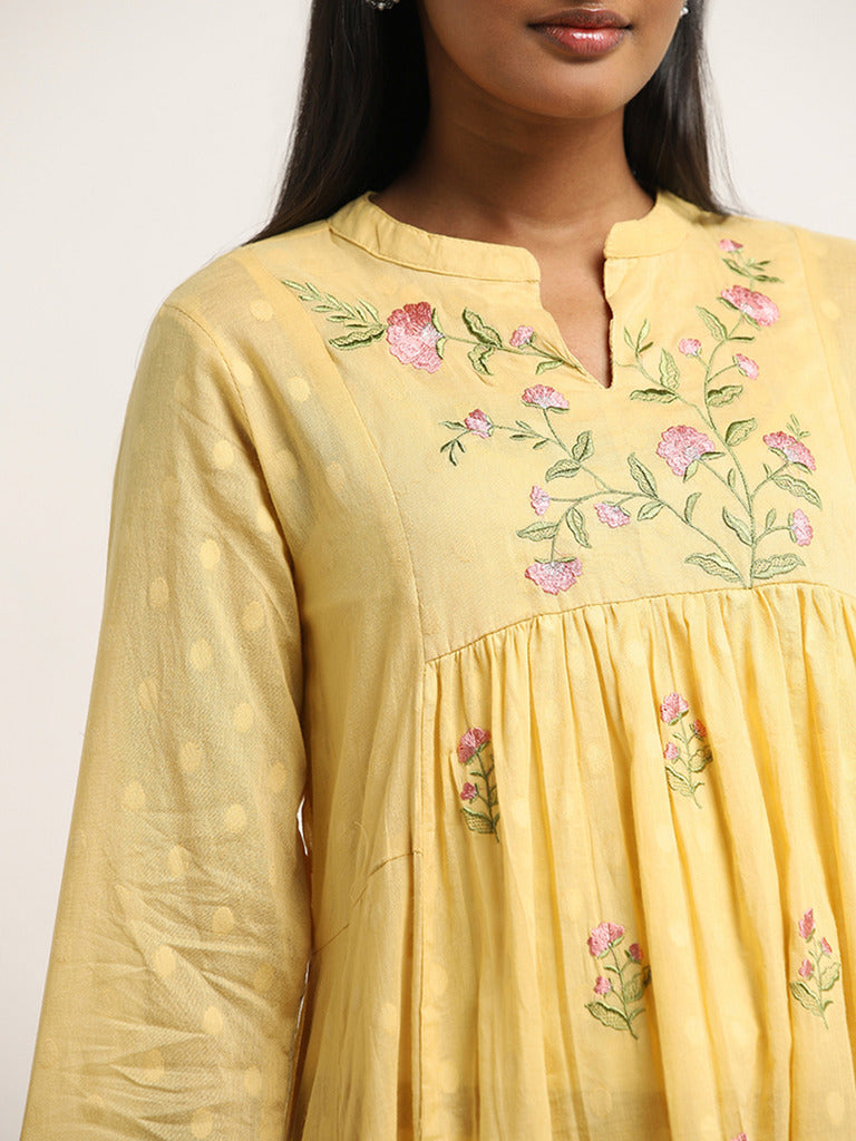 Utsa Yellow Floral Embroidered Fit-and-Flare Cotton Kurta