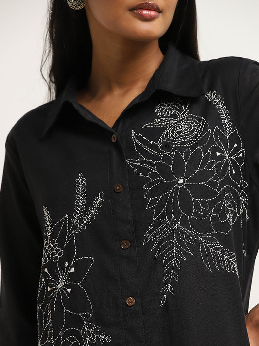 Utsa Black Floral Embroidered A-Line Cotton Blend Kurta