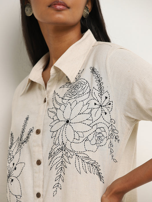 Utsa Light Beige Embroidered A-Line Cotton Blend Kurta