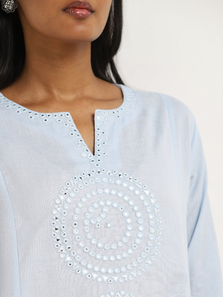 Utsa Light Blue Mirror Detailed A-Line Cotton Blend Kurta