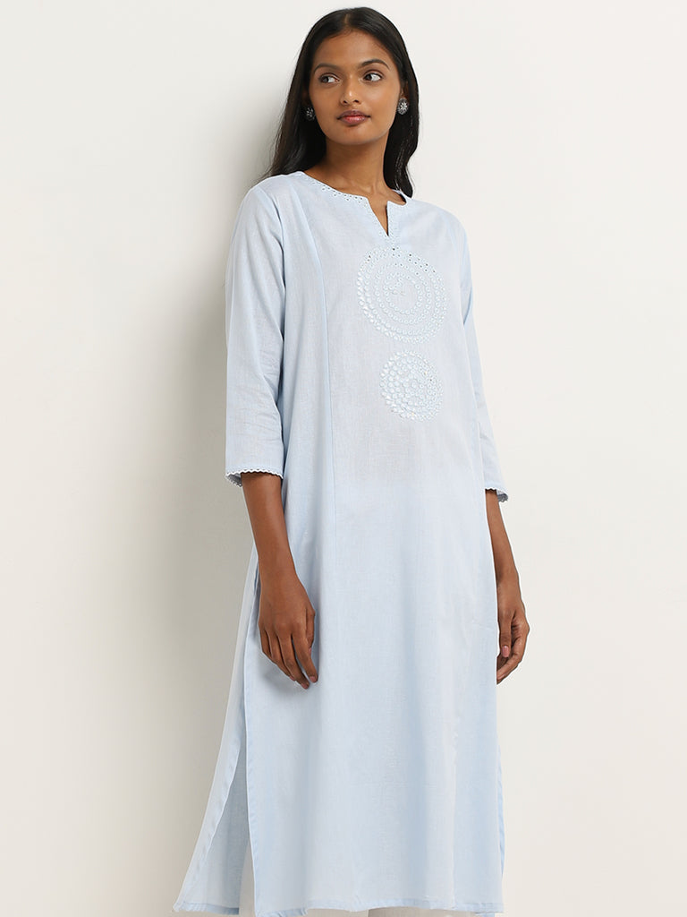 Utsa Light Blue Mirror Detailed A-Line Cotton Blend Kurta