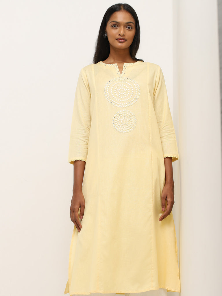 Utsa Yellow Mirror Detailed A-Line Cotton Blend Kurta