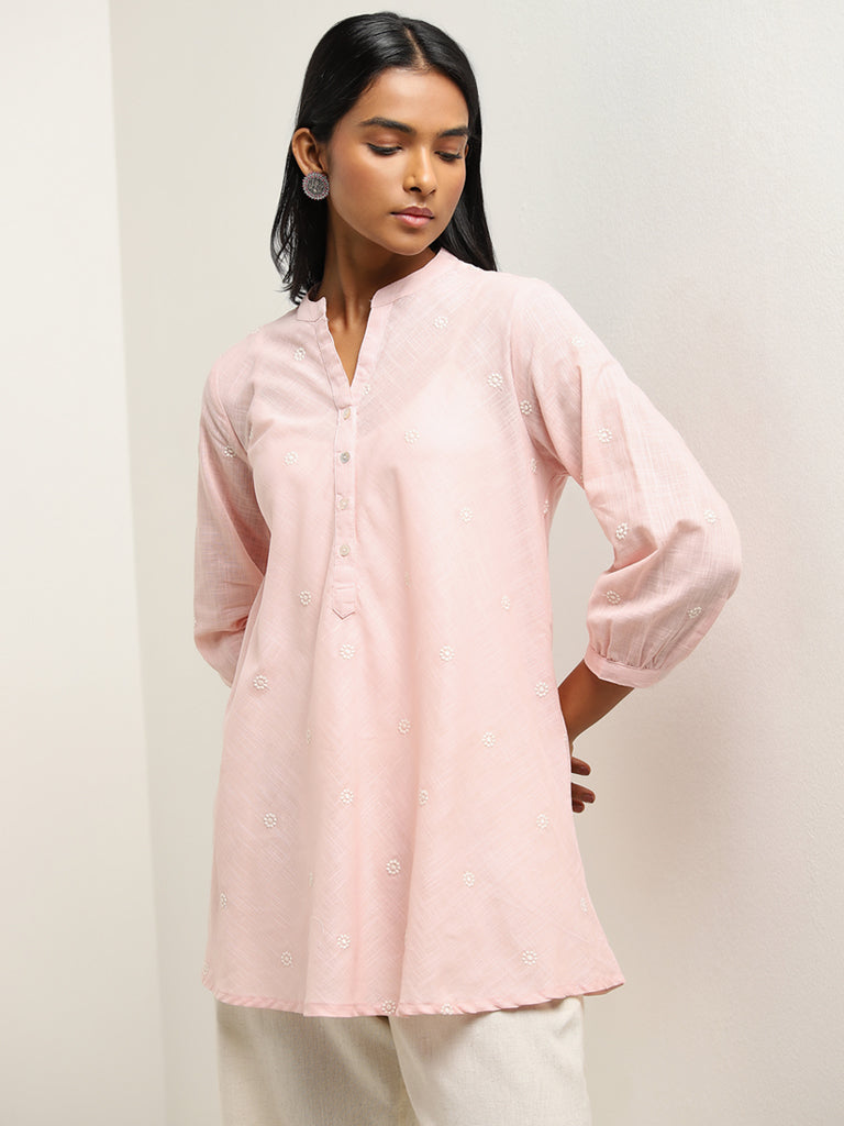 Utsa Light Pink Embroidered A-Line Cotton Kurti