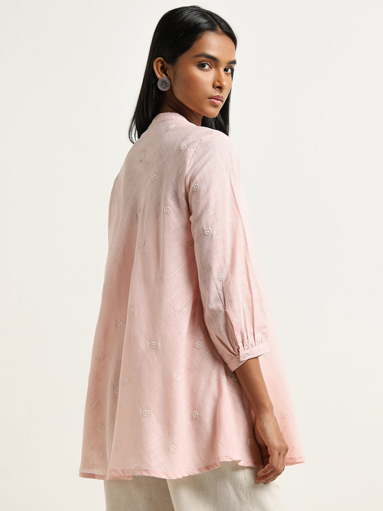 Utsa Light Pink Embroidered A-Line Cotton Kurti