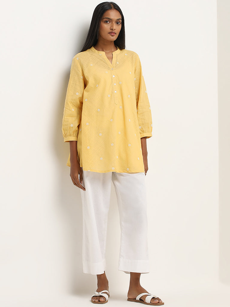 Utsa Yellow Embroidered A-Line Cotton Tunic