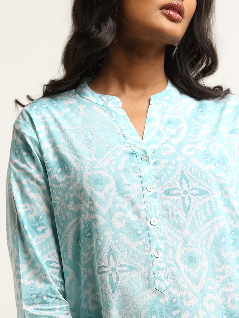 Utsa Blue Printed Cotton Straight Fit Kurta