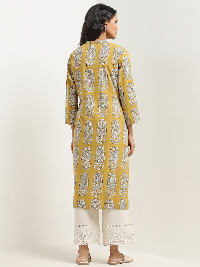 Utsa Mustard Paisley Printed Straight Cotton Kurta