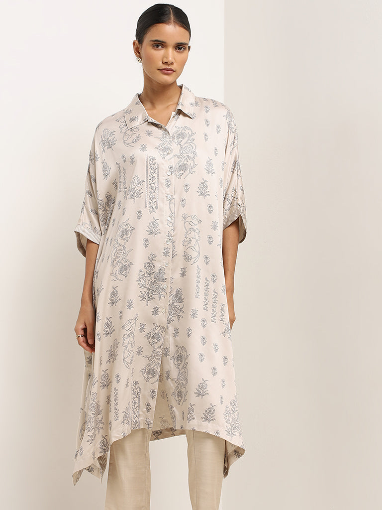 Zuba Light Beige Anar Printed A-Line Kurta