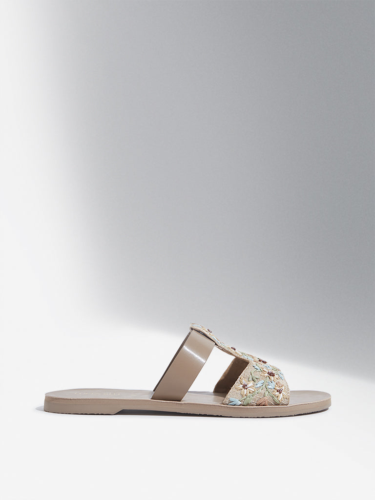 LUNA BLU Nude Embellished T-Strap Slides