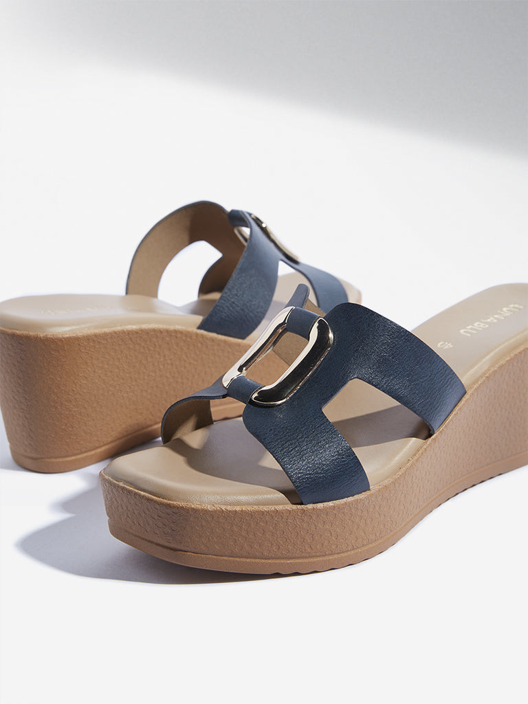 LUNA BLU Navy Hardware-Detailed Wedge-Heel Sandals