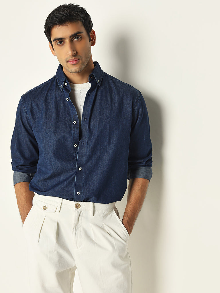 Ascot Dark Blue Chambray Relaxed-Fit Cotton Shirt