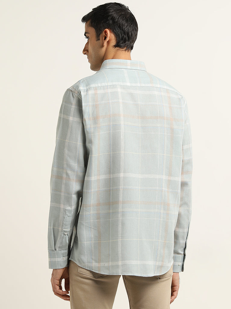 Ascot Teal Checkered Blended Linen Relaxed-Fit Shirt