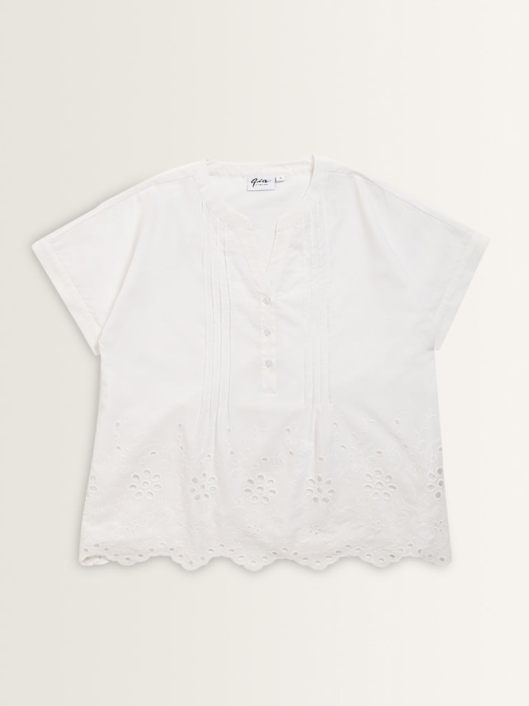 Gia White Schiffli Design Cotton Blouse