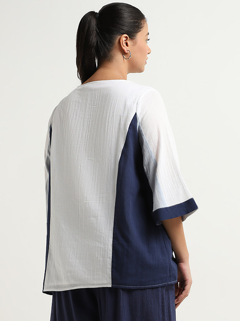 Gia White and Navy Colour-Block Cotton Blouse