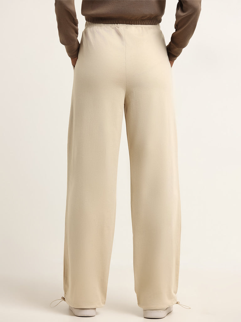 Studiofit Beige Mid Rise Cotton Straight Fit Track Pants