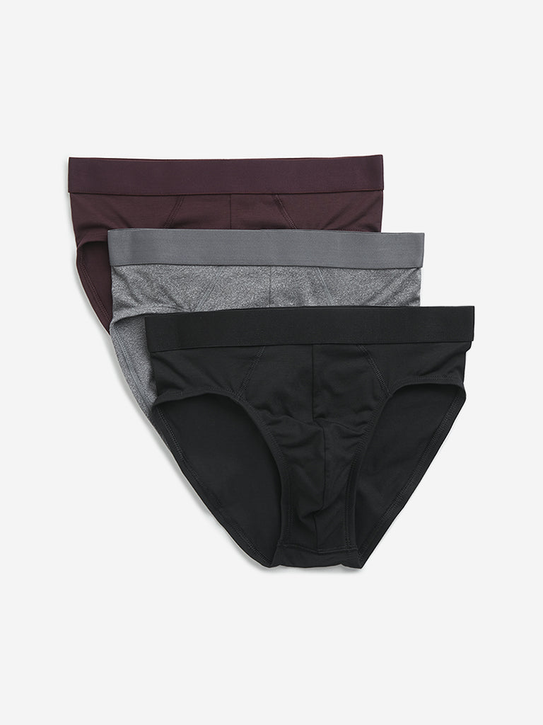 WES Lounge Wine Solid Cotton Blend Briefs - Pack of 3
