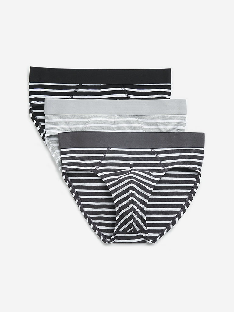 WES Lounge Black Striped Cotton Blend Briefs - Pack of 3