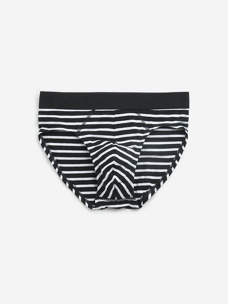 WES Lounge Black Striped Cotton Blend Briefs - Pack of 3