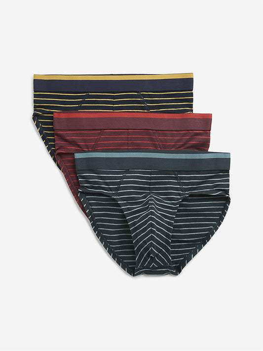 WES Lounge Maroon Striped Cotton Blend Briefs - Pack of 3