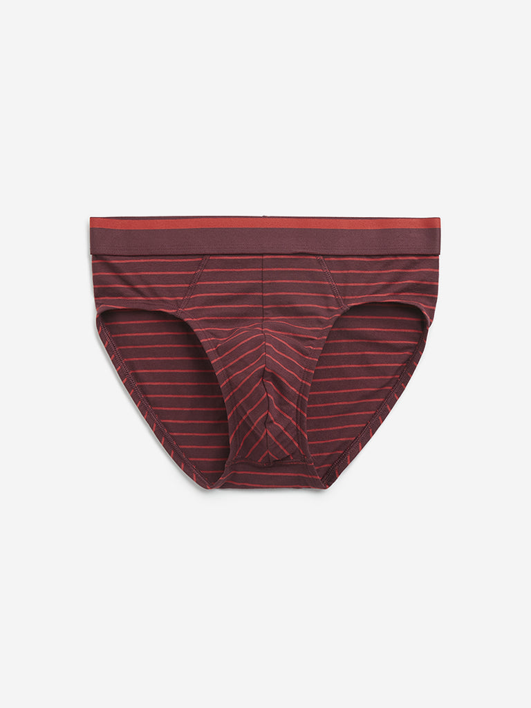 WES Lounge Maroon Striped Cotton Blend Briefs - Pack of 3