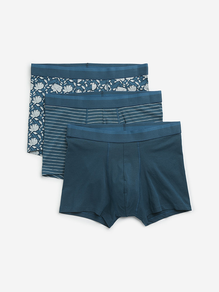 WES Lounge Teal Printed Cotton Blend Trunks - Pack of 3