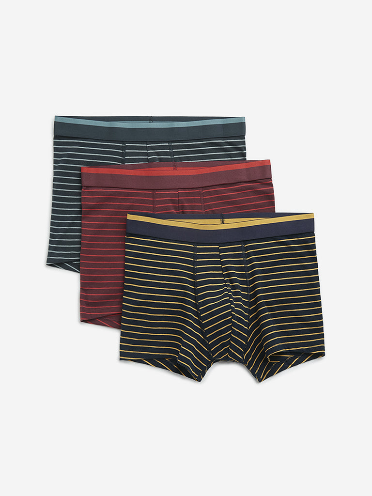 WES Lounge Maroon Striped Cotton Blend Trunks - Pack of 3