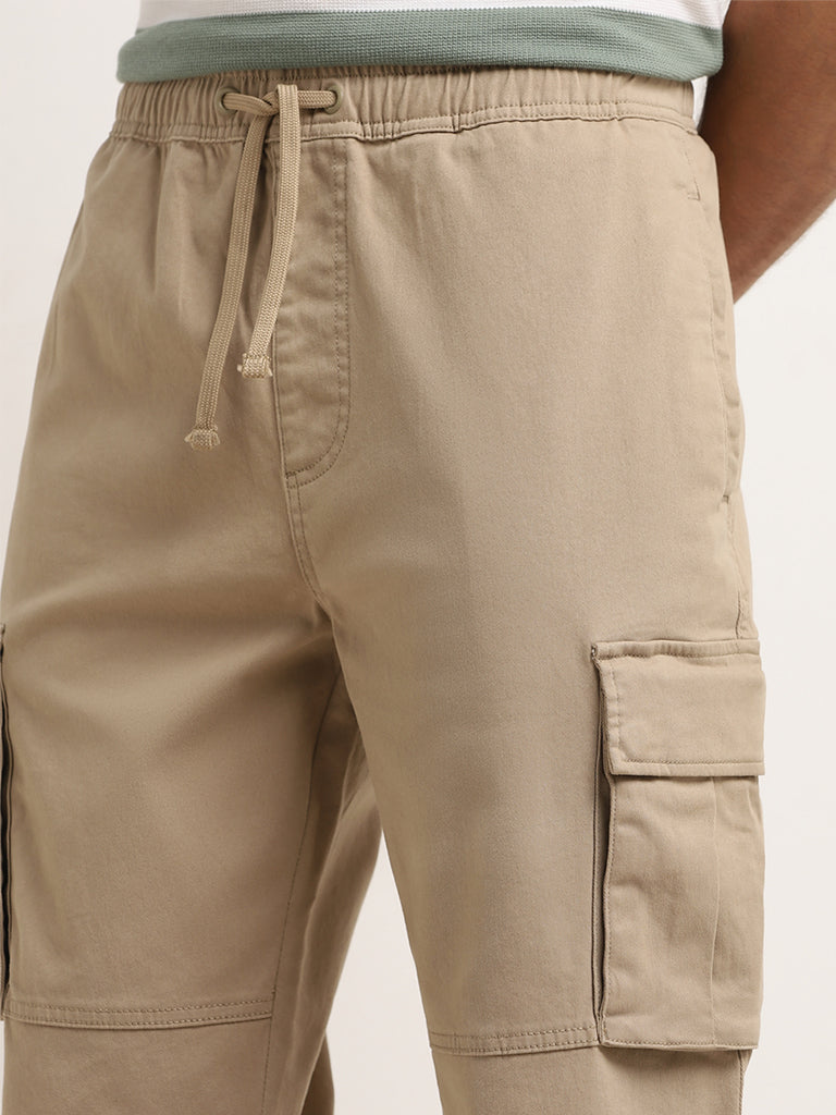 WES Casuals Beige Relaxed-Fit Mid-Rise Cotton Blend Pants