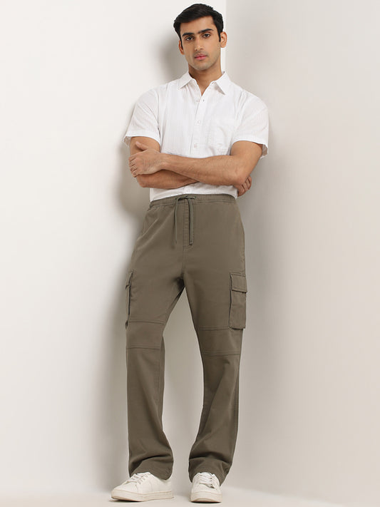 WES Casuals Olive Relaxed-Fit Cotton Blend Cargo Pants
