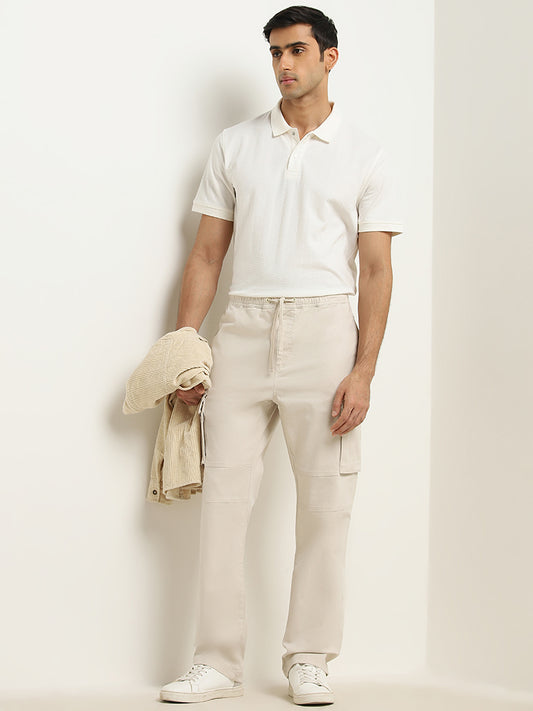 WES Casuals Beige Relaxed-Fit Cotton Blend Cargo Pants