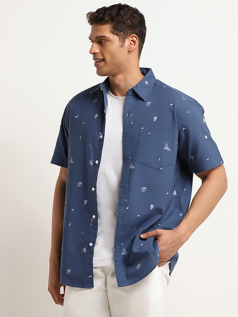 WES Casuals Blue Printed Cotton Relaxed Fit Shirt