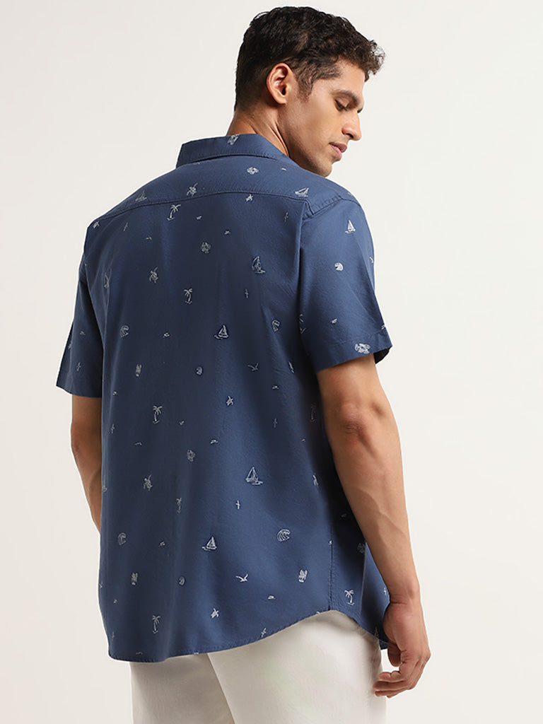WES Casuals Blue Printed Cotton Relaxed Fit Shirt