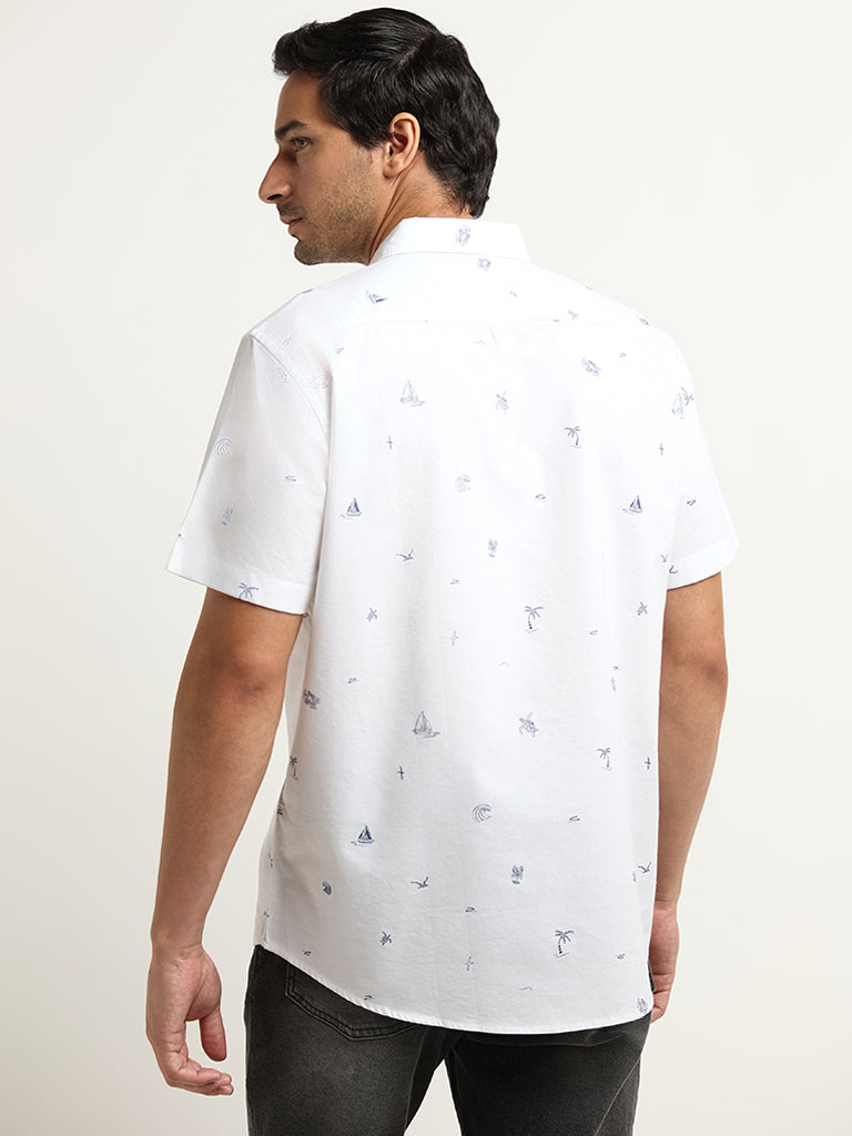 WES Casuals White Printed Cotton Relaxed Fit Shirt