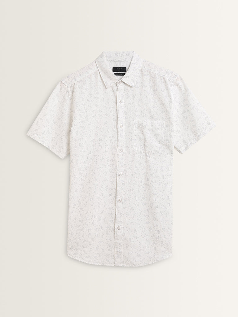 WES Casuals White Floral Blended Linen Slim Fit Shirt