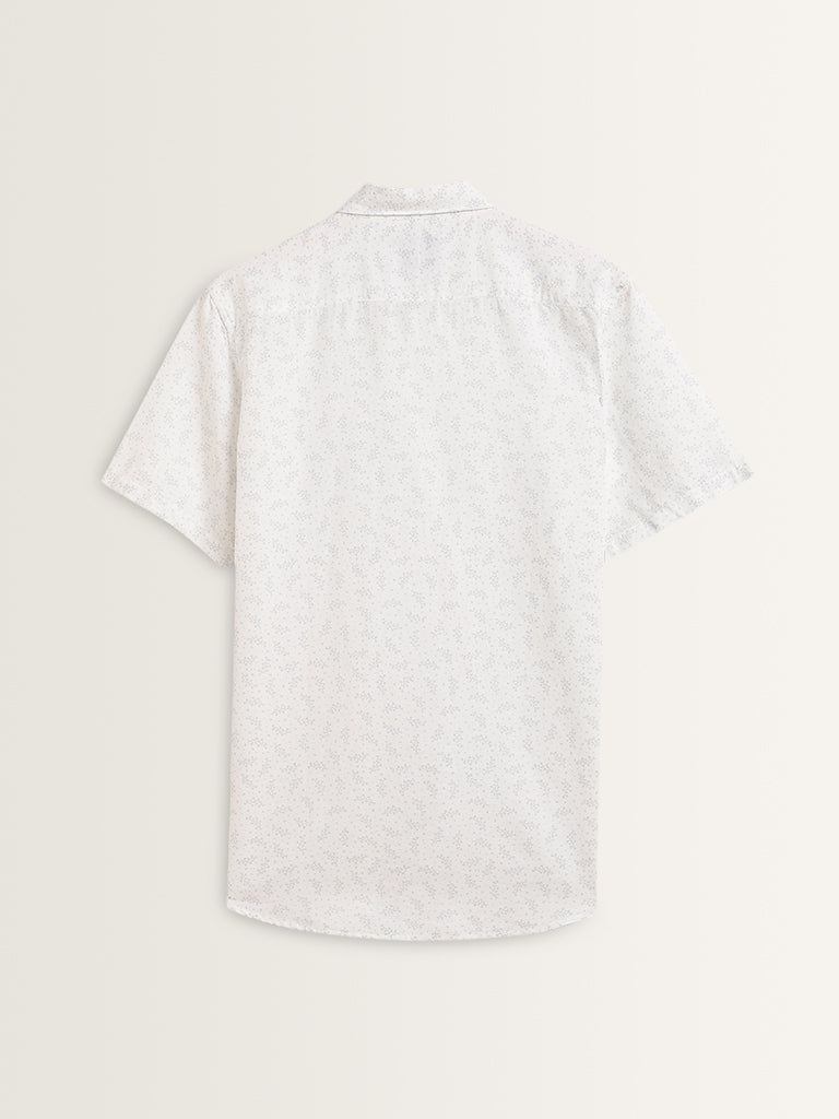 WES Casuals White Floral Blended Linen Slim Fit Shirt