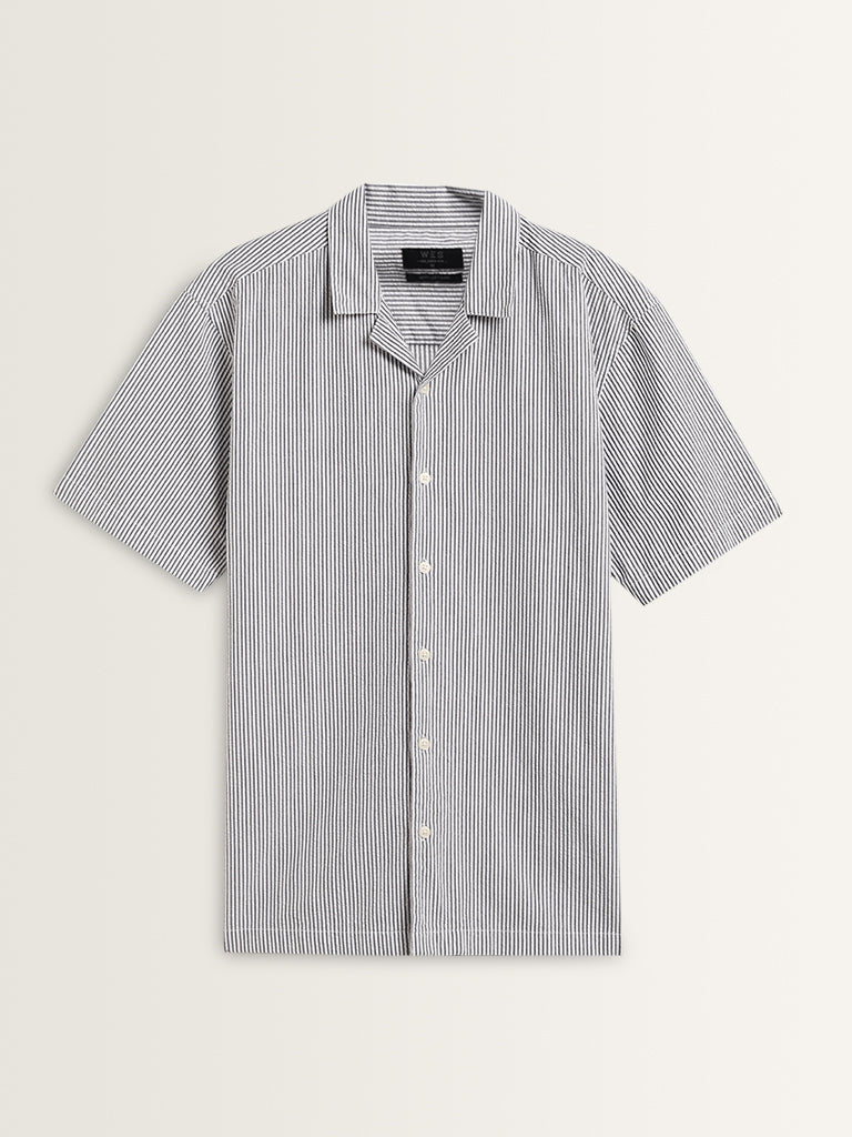 WES Casuals Charcoal Striped Relaxed-Fit Cotton Shirt