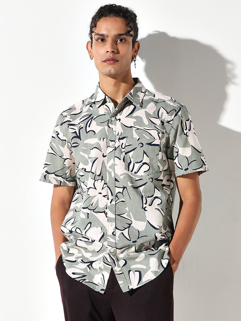 WES Casuals Sage Floral Printed Slim Fit Shirt