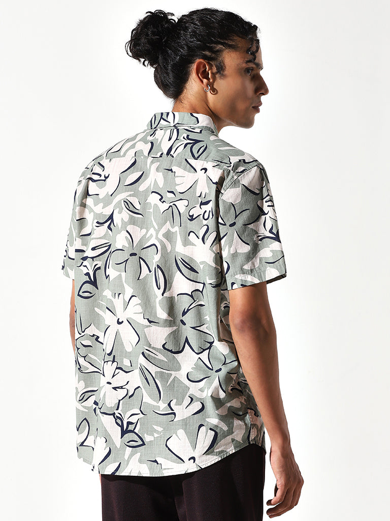 WES Casuals Sage Floral Printed Slim Fit Shirt