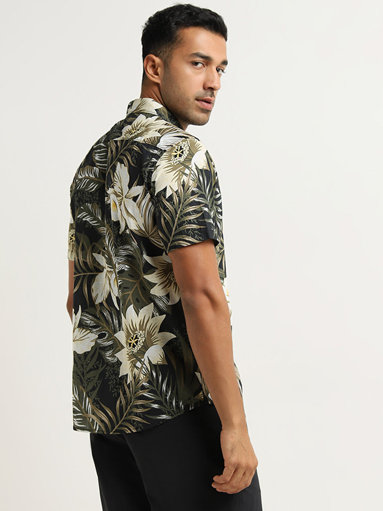 WES Casuals Olive Floral-Printed Slim Fit Shirt